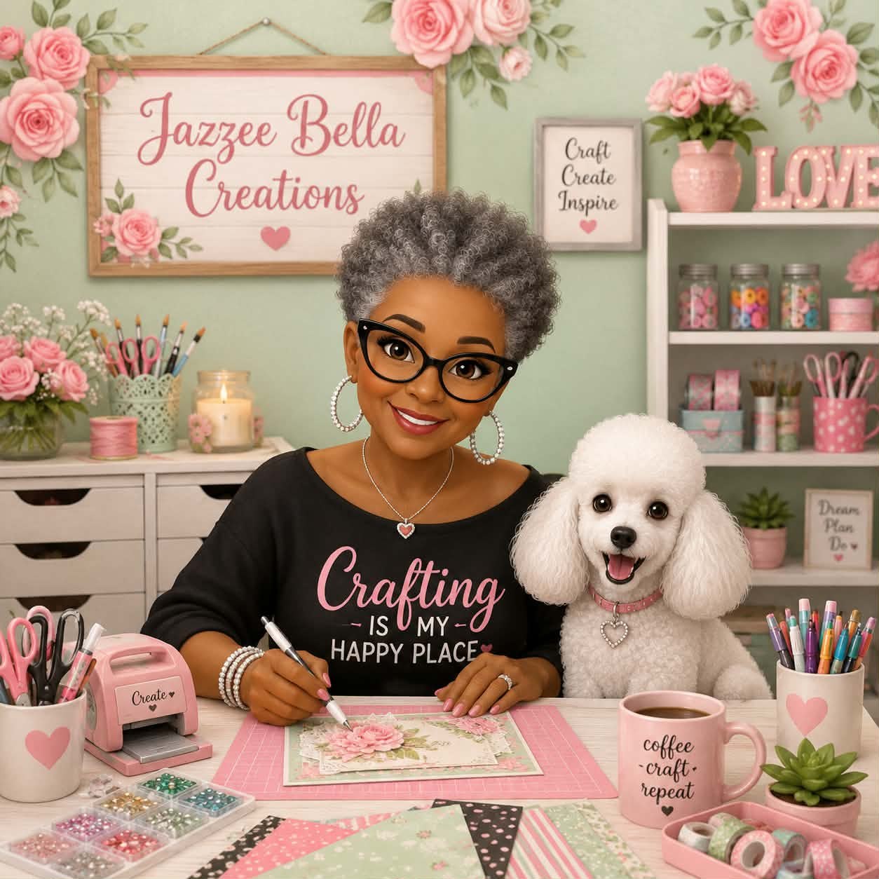 The maker behind Jazzee Bella Creations crafting in her floral studio
